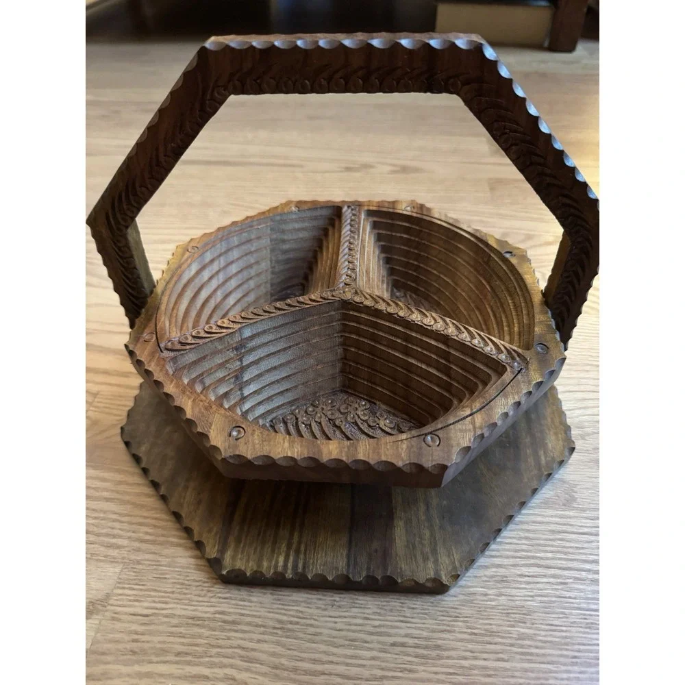 Vintage 1970s Afghanistan Hand Carved Wooden Collapsible Basket